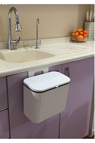 Limon Socks White Striped 8 Lt Kitchen Countertop and Cabinet Hanging Trash Can