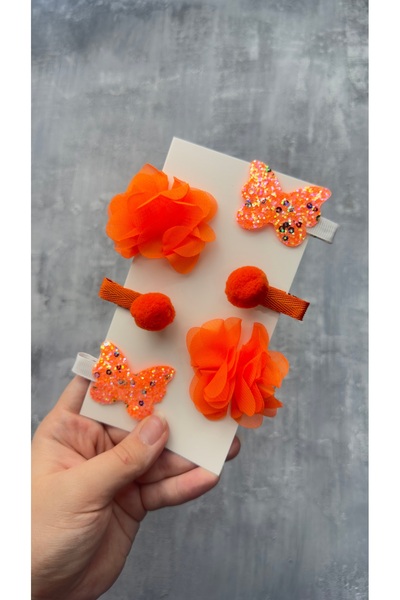 Toka Perisi Handmade Orange 6-Piece Frida Butterfly Pompom Children's Buckle Set