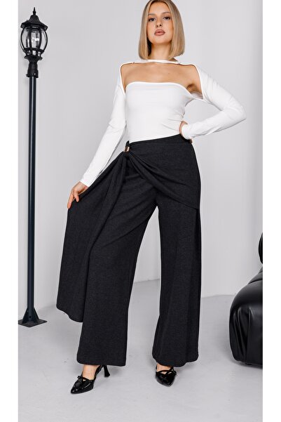 EsSo butik Women's Anthracite Side Tie Detailed Thessaloniki Knitwear Fabric Design Trousers