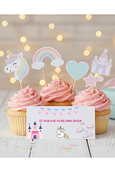Dijital Nostal Unicorn Temalı Kişiye Özel 8'li Anı Kartı ve 10'lu Cupcake Pas...