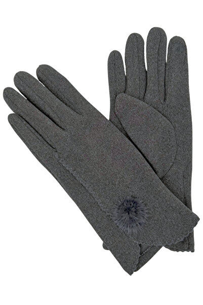 Sofist İstanbul Gray Suede Look Soft Women's Gloves with Pompom Detail