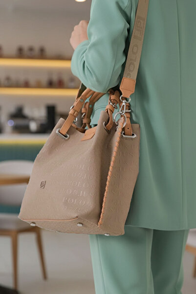 POLO CLUB Women's Beige Knitted Detailed 4-Compartment Shoulder Bag and Handbag (27X31 cm)