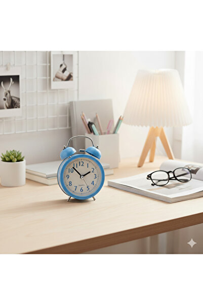 Livava Yuvarlak Masa Saati, Alarmlı ve Işıklı, Mavi, 14x10