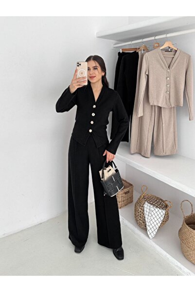 DONNA LISSA Crew Neck Buttoned Knitwear Top and Bottom Set