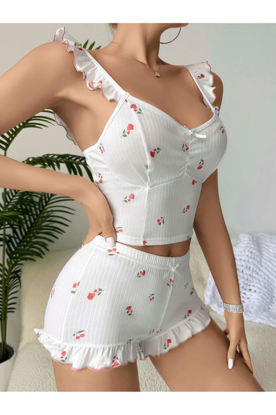 Miravm Women's Rose and Cherry Patterned Shorts Nightgown Set 5112