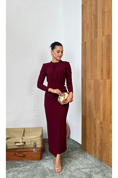 Nida Boutique Bel Draped Long Sleeve Crew Neck Knitted Crepe Dress with Accessory Detail