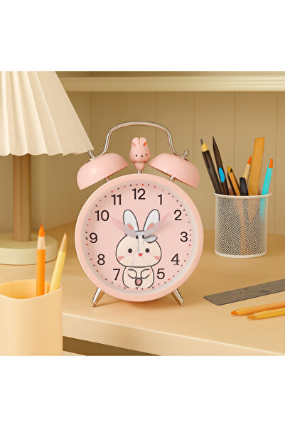 Livava Tavşanlı Metal Masa Saati, Alarmlı ve Işıklı, Pembe, 15x12