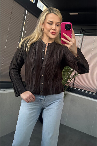 MİR STORE Brown Knitwear Cardigan with Silvery Fine Weave Detail