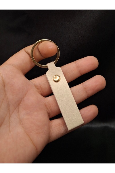 Han Ticarethane Ecru Color Leather Keychain with Gold Color Ring
