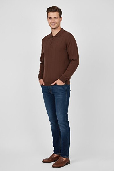 DYNAMO Men's Polo Neck Zippered Knitwear Sweater Regular Fit 7019 Bgl-St04922