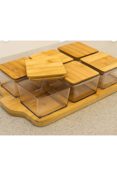 ELİFSU HOME Breakfast Set with 6 Bamboo Trays and Lids - Acrylic Bowl