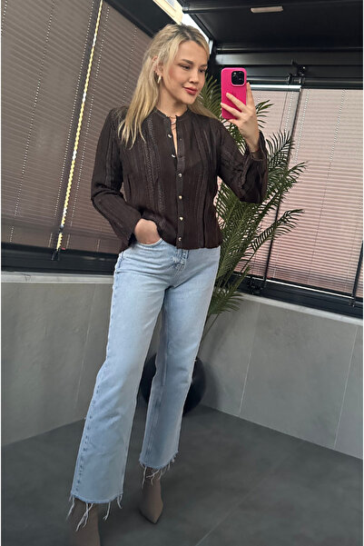 MİR STORE Simli İnce Dokuma Detaylı Kahverengi Triko Hırka