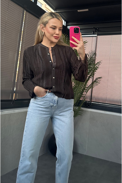 MİR STORE Brown Knitwear Cardigan with Silvery Fine Weave Detail