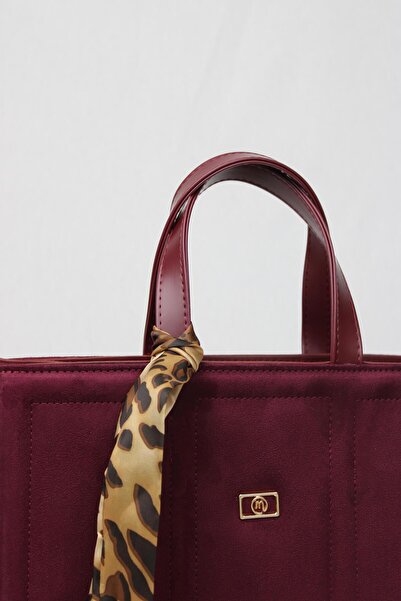 mossi Burgundy Suede Nubuck Faux Leather Large Size Embroidery Detailed Hand and Shoulder Bag