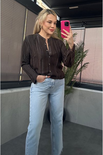 MİR STORE Brown Knitwear Cardigan with Silvery Fine Weave Detail