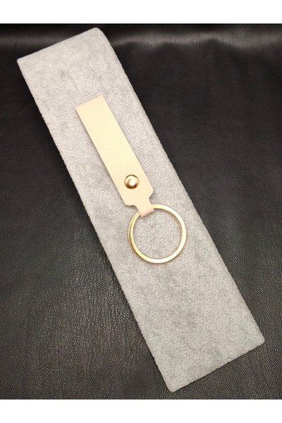 Han Ticarethane Ecru Color Leather Keychain with Gold Color Ring