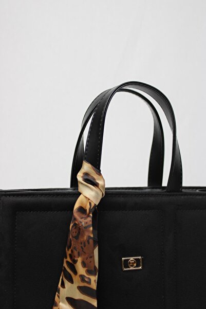 mossi Black Suede Nubuck Faux Leather Large Size Hand and Shoulder Bag with Embroidery Detail