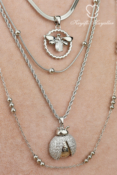 Keyifli Hayaller Çelik Kolye Seti - 316L Kombin Ayrı Ayrı Kararmaz 4lü Kombin Arı Uğur Böceği Çelik Kolye Seti