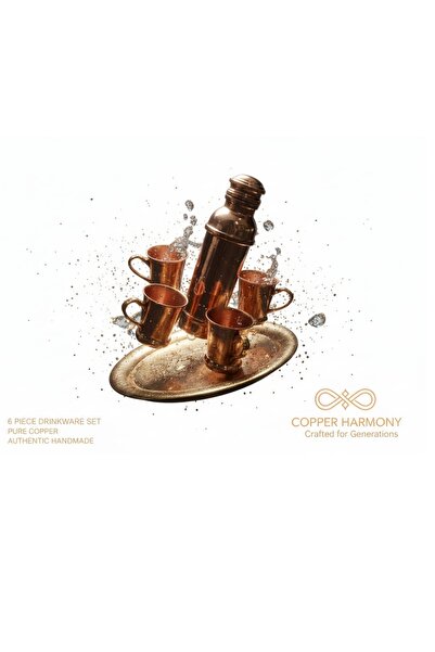 Kanka Premium genuine red copper drink set, 6 pieces: insulating bottle (hot and cold), 4 cups of different sizes, and an engraved copper tray.