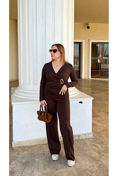 Crep Tekstil Modal Kumaş Kahve Bluz Pantolon Takım