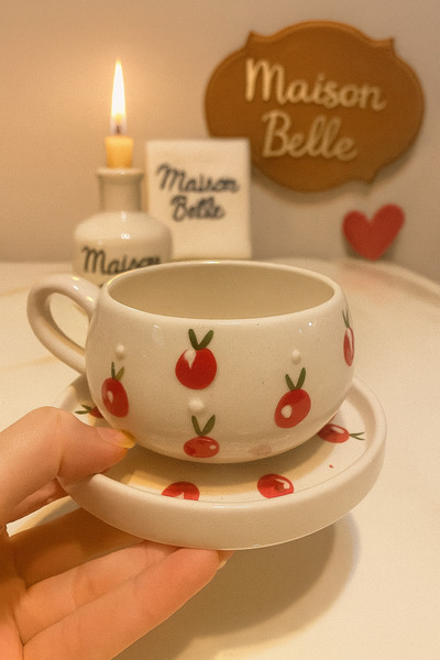 Yerel Üretici 🍎 Maison Belle Elma Desenli 200 ml El Boyaması Seramik Çay Kah...