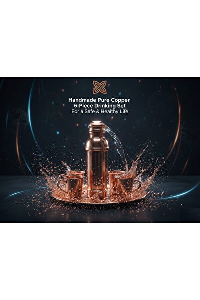 Kanka Premium genuine red copper drink set, 6 pieces: insulating bottle (hot and cold), 4 cups of different sizes, and an engraved copper tray.