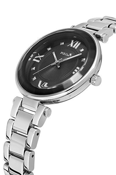 Polo Air ساعة يد نسائية من الزجاج الكريستالي لون فضي أسود PL-1569B1x