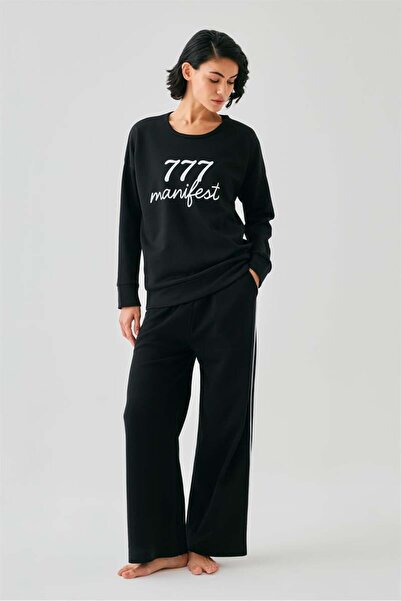 modaserdem Akbeniz Women's Black 777 Manifest Oversized 2 Thread Tracksuit Home Wear Set