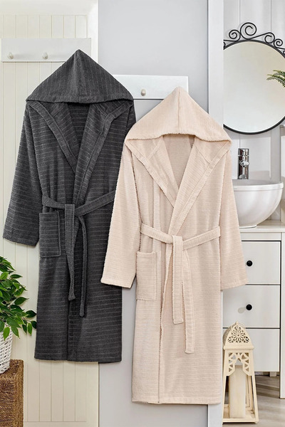 HRN Textile 2-Piece Cotton Natural Hooded Couple Bathrobe
