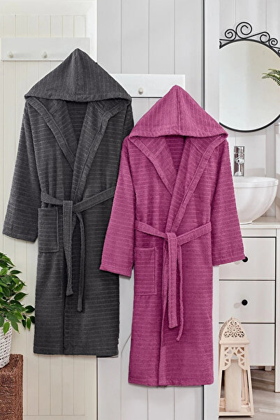 HRN Textile 2-Piece Cotton Natural Hooded Couple Bathrobe