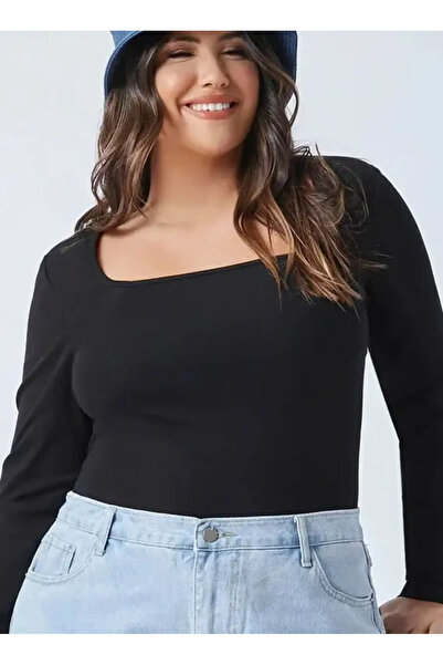 FOR ESRA BIG TREND Women's Plus Size Square Neck Long Sleeve Modal Soft Texture Stretchy Blouse