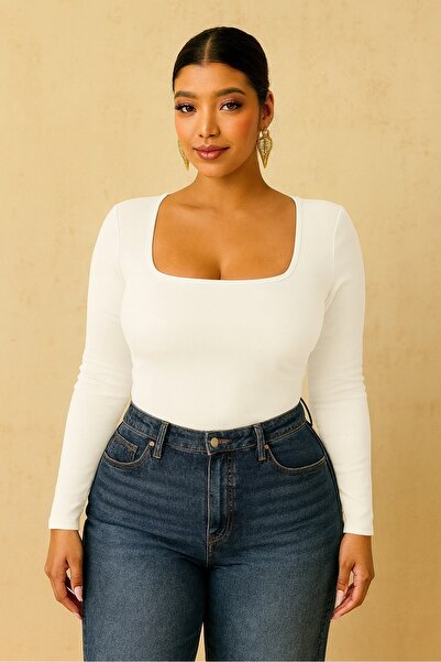 FOR ESRA BIG TREND Women's Plus Size Square Neck Long Sleeve Modal Soft Texture Stretchy Blouse