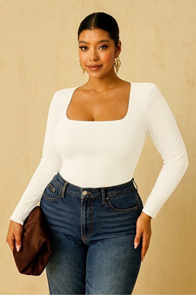 FOR ESRA BIG TREND Women's Plus Size Square Neck Long Sleeve Modal Soft Texture Stretchy Blouse