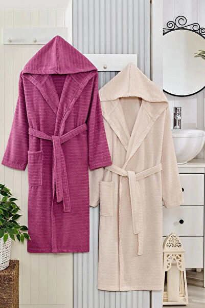 HRN Textile 2-Piece Cotton Natural Hooded Couple Bathrobe