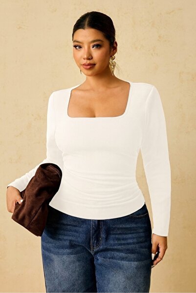 FOR ESRA BIG TREND Women's Plus Size Square Neck Long Sleeve Modal Soft Texture Stretchy Blouse