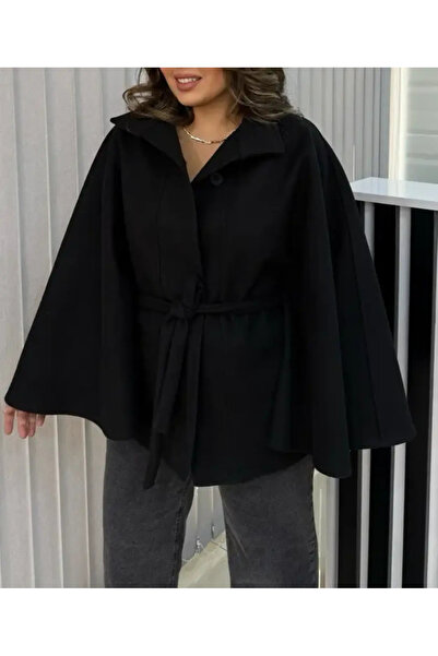 FOR ESRA BIG TREND Women's Plus Size Single Button Closure Waist Belted Cashmere Poncho (Length 73 cm)