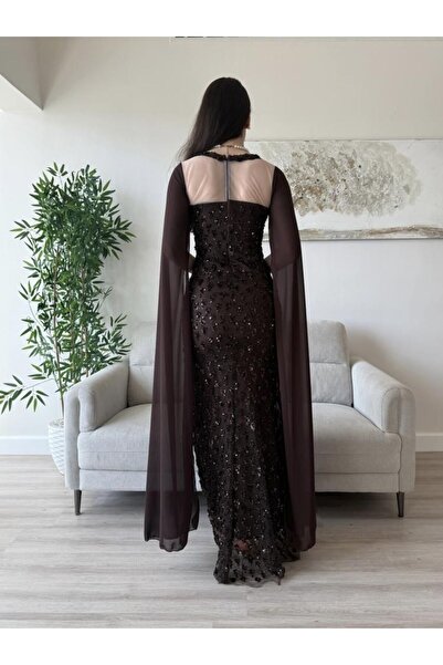 DEYARA FASHION Brown evening dress with elegant sleeves