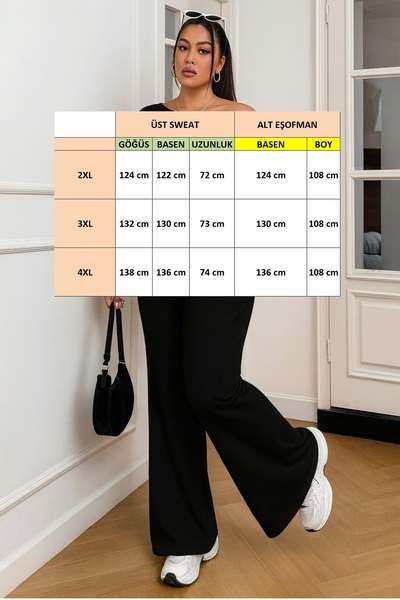 FOR ESRA BIG TREND Women's Plus Size Patchwork Detail Wide Cut Neckline Loose Leg Modal Tracksuit with Pockets