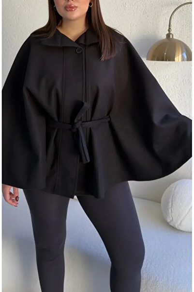 FOR ESRA BIG TREND Women's Plus Size Single Button Closure Waist Belted Cashmere Poncho (Length 73 cm)