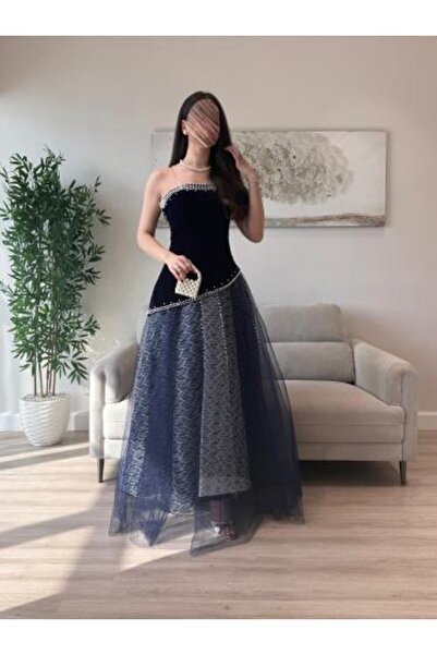 DEYARA FASHION Elegant Navy Blue Evening Dress