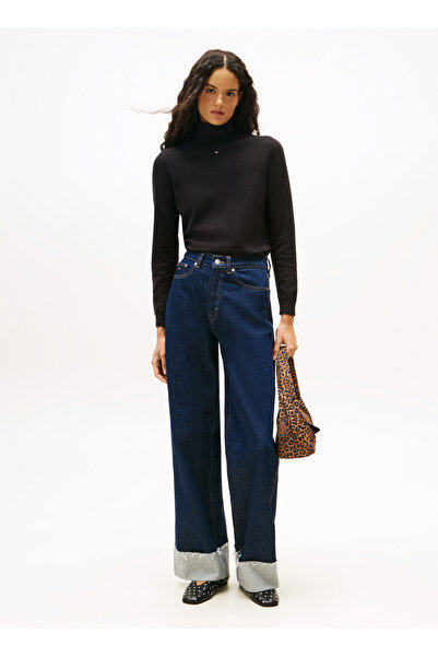 Tommy Jeans Balıkçı Yaka Standart Nakışlı Siyah Kazak Kadın DW0DW21672BDS