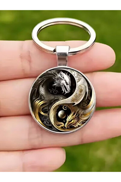 Motivart سلسلة مفاتيح معدنية بتصميم التنين ورمز يين يانغ