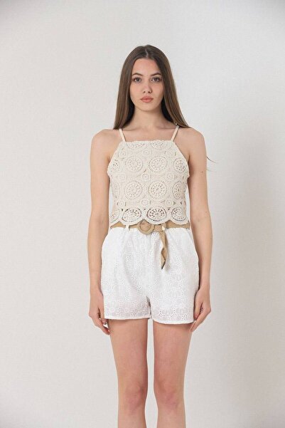 SETA FASHION Askılı Boyundan Bağlamalı Kroşe Örgü Dantelli Crop Top Ekru