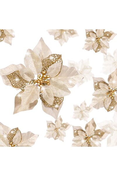 genernic 20 قطعة 22 سم من زهور البونسيتة الذهبية اللامعة لتزيين شجرة عيد المي...