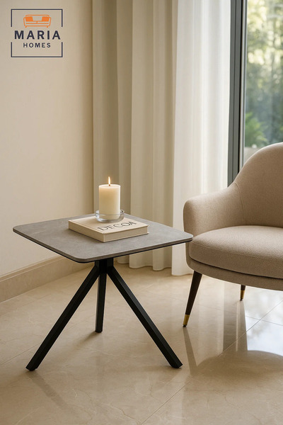 MARIA HOMES Square Grey Marble Dining Table – Modern Café, Restaurant, Office & Home Metal Furniture 60×60×60 cm