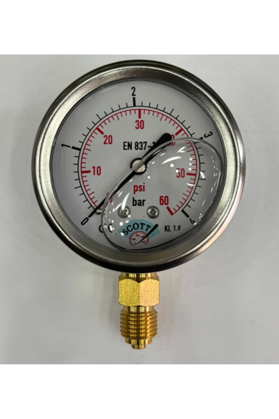 SCOTT Ø 100 mm Gliserinli Tip Manometre 1/2'' Alttan Bağlantı Arka Flanş 304 Inox Pirinç ( 0 ...4Bar )