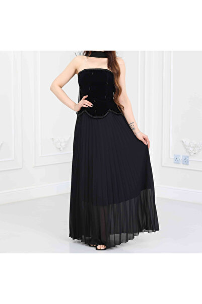 Nice Model Black velvet corset evening dress with a pleated chiffon skirt and Draped scarf