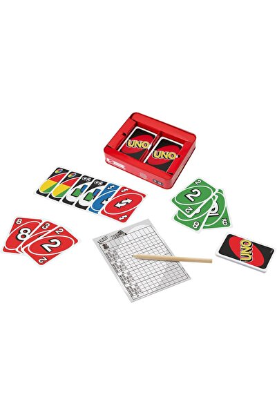 Mattel Games UNO Deluxe Card Game 112 Cards Scoring Pad Pencil in Storage Tin Family Game