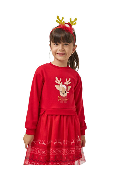 Butik Girl's Deer Printed Red Tulle New Year's Dress