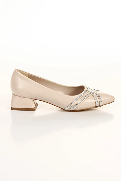 MFT AYAKKABI Beige Stone Detailed Short Thick Heeled Comfortable Daily Evening Dress Shoes